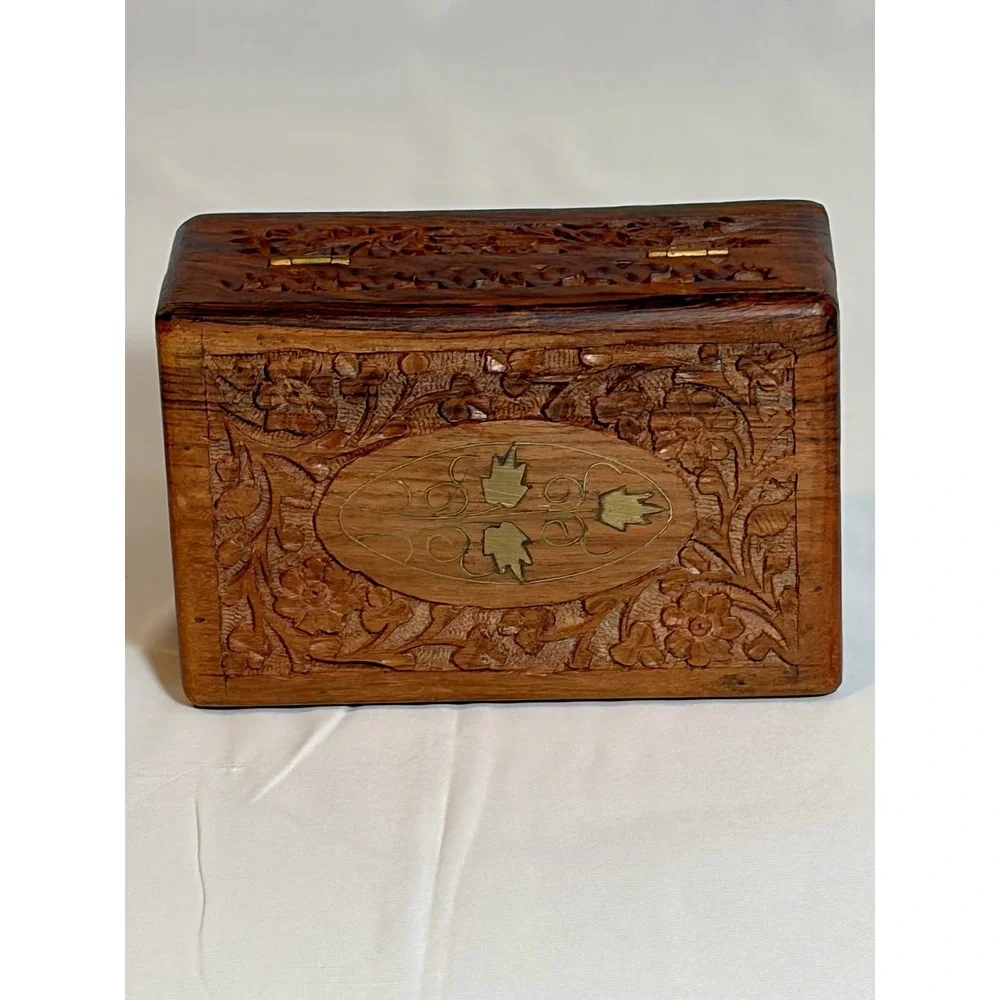 Carved Hinged Wooden Floral Trinket Box, Brown Rectangle Decorative Box
